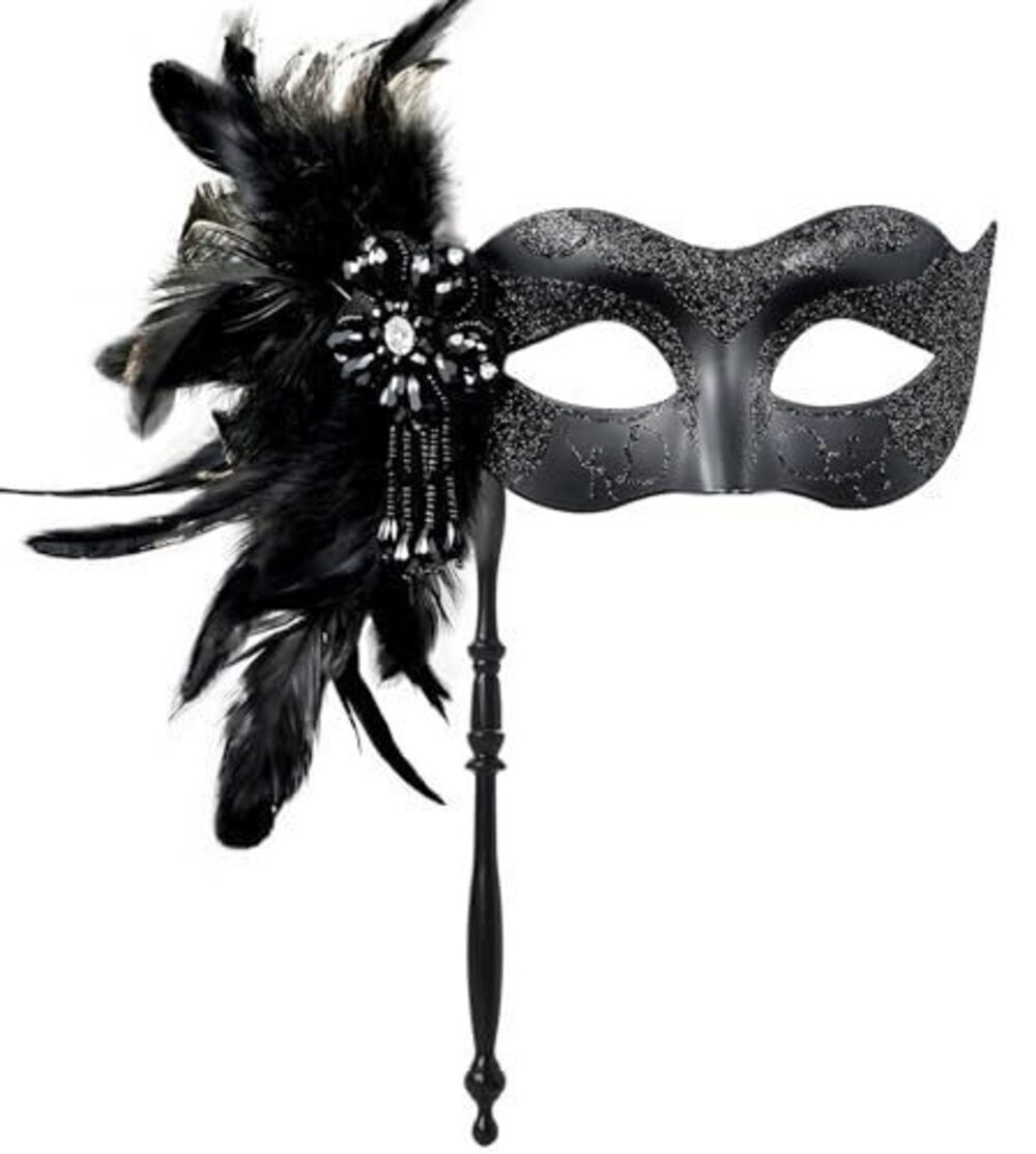 2656 2025 New Black Masquerade Mask with Stick - Shiny Feather Mardi Gras